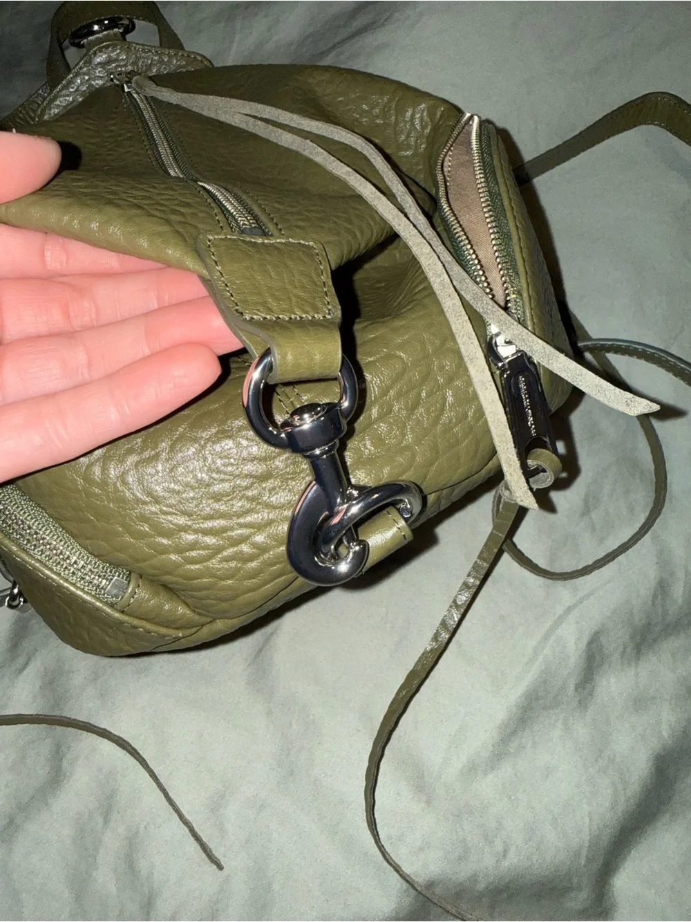 rebecca minkoff mini olive green julian pebbled leather backpack